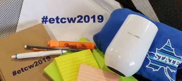 #etcw branded swag (bag, sticky notes, travel mug, t-shirt, notebook, writing utensils)